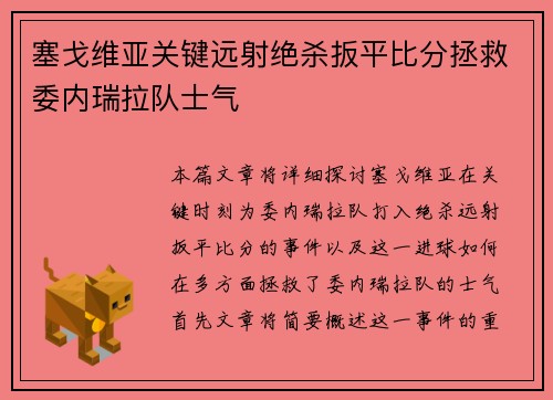 塞戈维亚关键远射绝杀扳平比分拯救委内瑞拉队士气 塞戈维亚关键远射绝杀扳平比分拯救委内瑞拉队士气