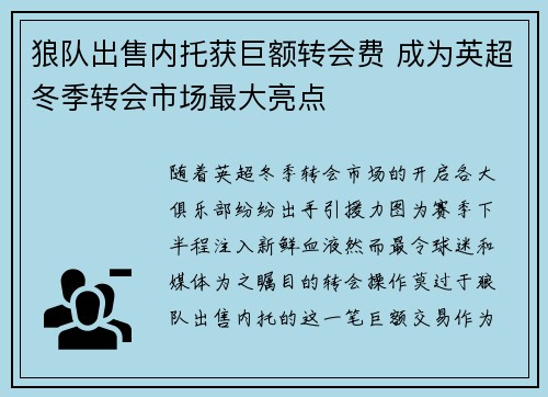 狼队出售内托获巨额转会费 成为英超冬季转会市场最大亮点 狼队出售内托获巨额转会费 成为英超冬季转会市场最大亮点